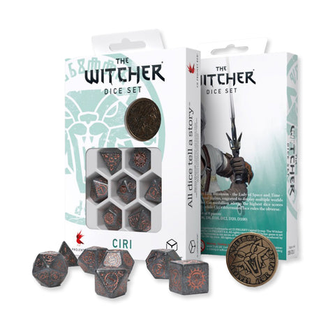 The Witcher Ciri RPG Dice Set by Q-Workshop β 7 Dice + Metal Coin, Grey Copper