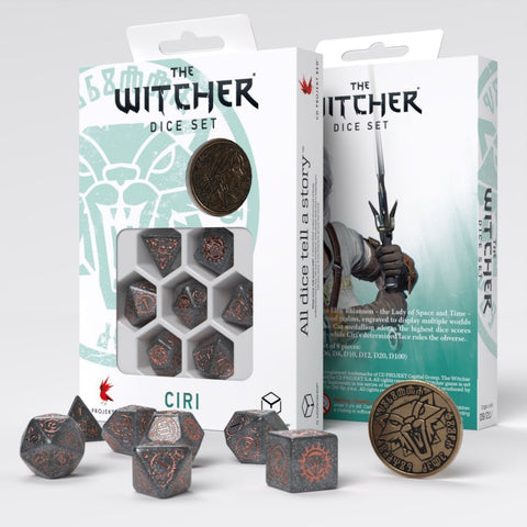 The Witcher Ciri RPG Dice Set by Q-Workshop – 7 Dice + Metal Coin, Grey Copper