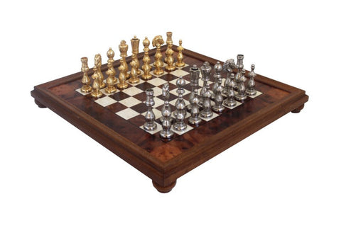 Italfama Handmade Metal Chess Set, Gold/Silver, Elm Wood Board 48cm Italy