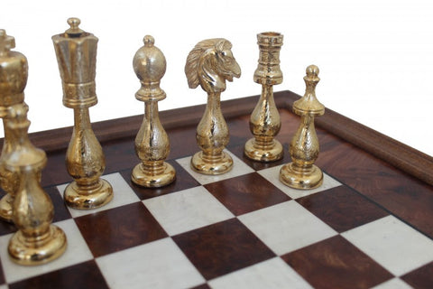 Italfama Handmade Metal Chess Set, Gold/Silver, Elm Wood Board 48cm Italy