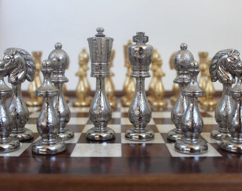 Italfama Handmade Metal Chess Set, Gold/Silver, Elm Wood Board 48cm Italy