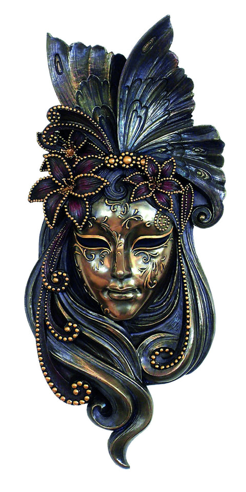 Venetian Carnival Mask Wall Decor, Bronze Resin, Handmade, 15x34 cm, Italfama