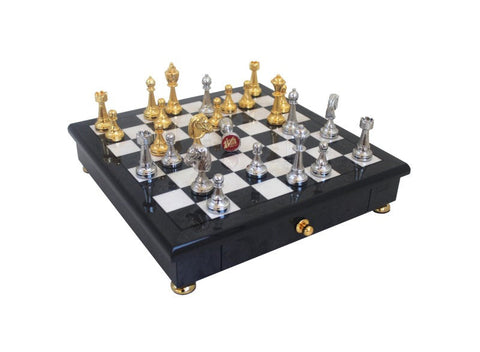 Handmade Metal Chess Set Gold/Silver with Wood Board Drawer, Italian Italfama