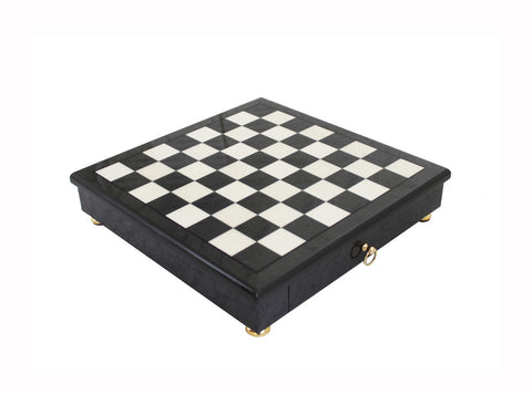 Handmade Metal Chess Set Gold/Silver with Wood Board Drawer, Italian Italfama