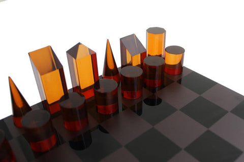 Italfama Acrylic Chess Set, Geometric Pieces, Black/Orange, 30x30cm, Luxury Box