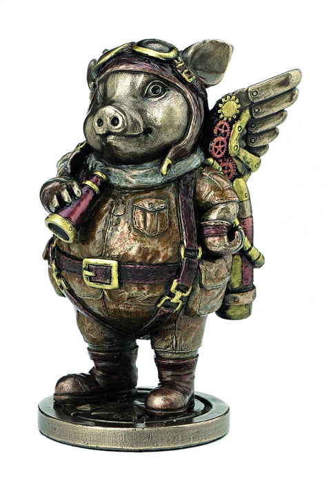 Steampunk Aviator Pig Figurine, Bronze Resin Statue 14cm, Made in Italy Italfama