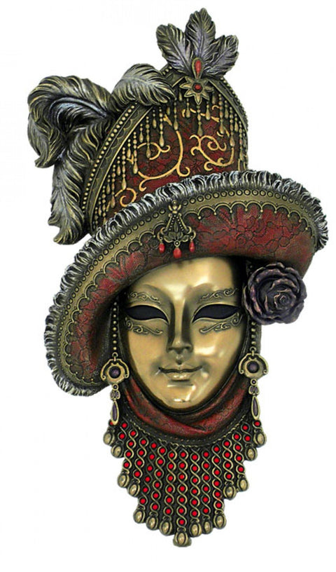 Venetian Mask Wall Decor with Red Hat, Resin Bronze Finish, 18x32cm, Italy