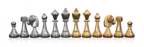 Handmade Metal Chess Set Gold/Silver with Wood Board Drawer, Italian Italfama