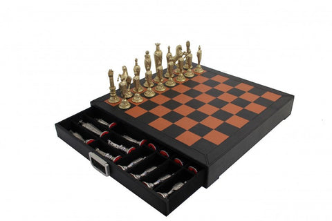 Renaissance Metal Chess Set Gold/Silver, Leather Board with Drawer, Italfama