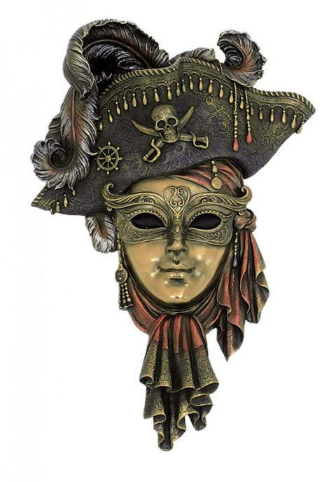 Venetian Carnival Pirate Mask Bronze Resin Wall Decor 20x30cm Made in Italy