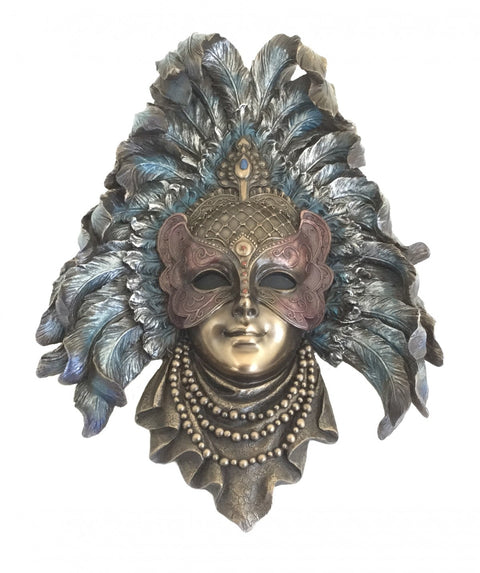 Venetian Feather Mask Wall Decor, Bronze Finish Resin, 24x33cm, Italy, Handmade