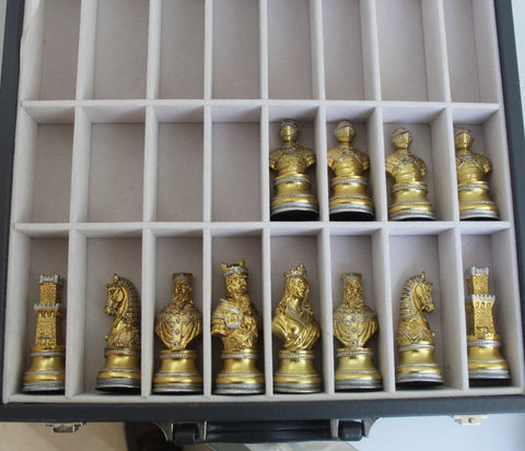 Medieval Pewter Chess Set, Handcrafted Walnut Board with Storage, Italfama