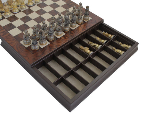 Medieval Pewter Chess Set, Handcrafted Walnut Board with Storage, Italfama