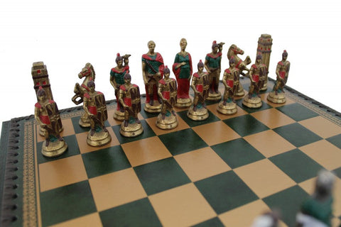 Italfama Romans vs Barbarians Metal Chess Set, Faux Leather Board, 3-in-1