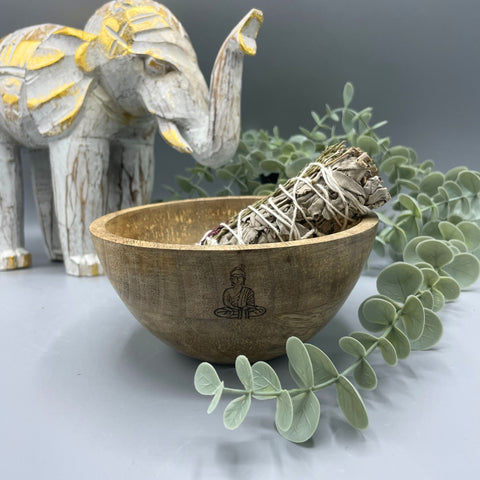 Wooden Smudge and Ritual Offerings Bowl - Buddha Ancient Wisdom (14x7)