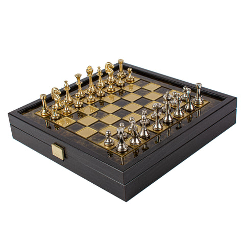 Classic Metal Staunton Chess Set Gold & Silver Chessmen 27Cm Manopoulos Sk32Bro