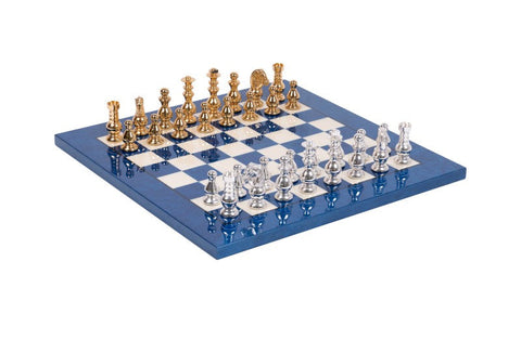 Italfama Handmade Brass Chess Set Gold & Silver Pieces Lacquered Wood Board 42cm
