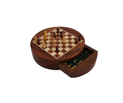 Italfama Handmade Magnetic Wooden Travel Chess Set, Round 16cm Board