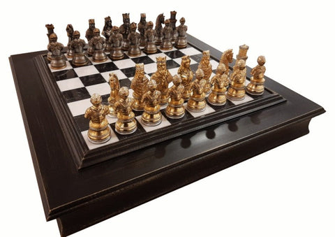 Italfama Luxury Pewter Chess Set, Gold/Silver, Marble-Wood Board w/Storage Italy