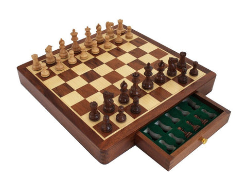 Handmade Mahogany Chess Set, Wooden Board 41x41cm, Drawer, Weighted, Italfama
