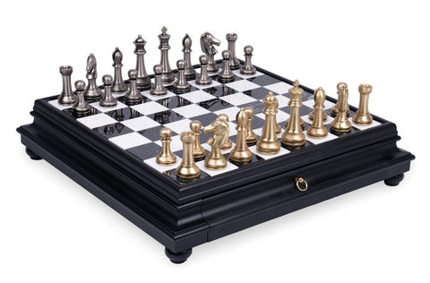 Italfama Metal Chess Set, Gold/Silver Plated, Marble-Wood Board with Drawer 55cm