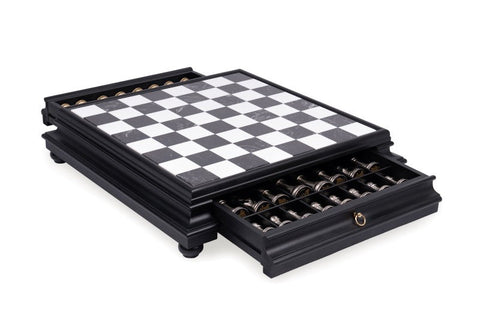 Italfama Metal Chess Set, Gold/Silver Plated, Marble-Wood Board with Drawer 55cm
