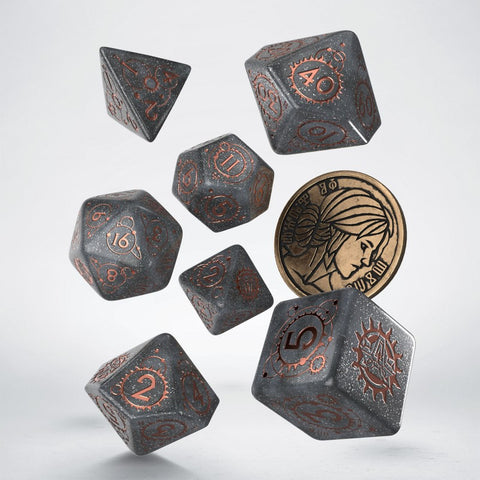 The Witcher Ciri RPG Dice Set by Q-Workshop β 7 Dice + Metal Coin, Grey Copper