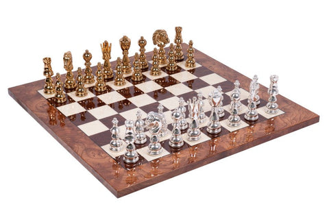 Italfama Brass Chess Set w/ Gold & Silver Pieces, Elm Wood Board 60cm Italy