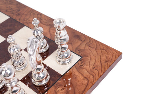 Italfama Brass Chess Set w/ Gold & Silver Pieces, Elm Wood Board 60cm Italy