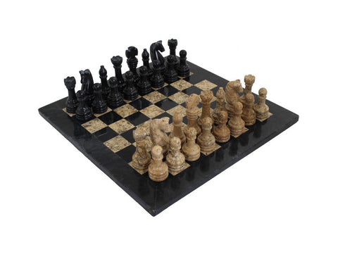 Handmade Marble Chess Set Black/Brown with Leather Case, 30cm Board, Italfama