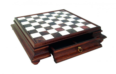 Handmade Wood & Marble Chess Board with Storage Drawer, 46cm, Italfama Italy