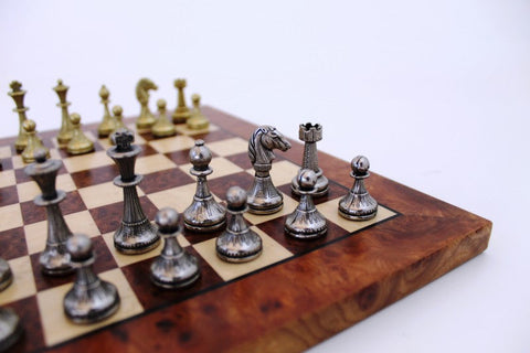 Italfama Metal Chess Set, Elm Wood Board 30cm, Gold & Silver Handmade, Italy