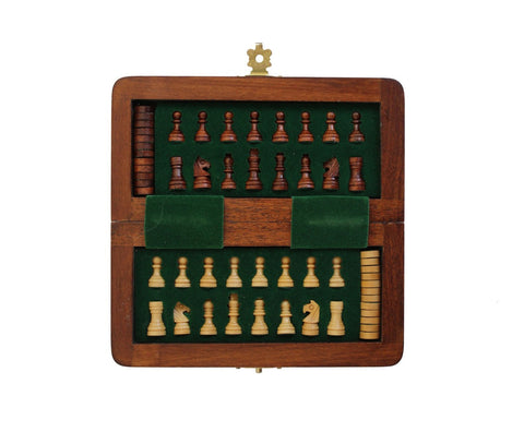 Italfama Magnetic Wooden Chess & Checkers Set, 13.5cm Folding Travel Board