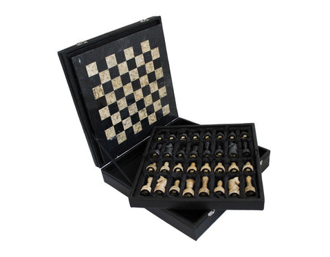 Handmade Marble Chess Set Black/Brown with Leather Case, 30cm Board, Italfama