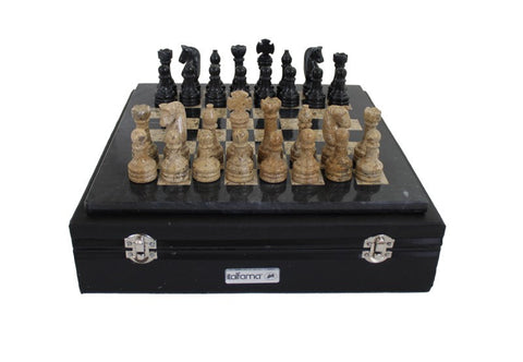 Handmade Marble Chess Set Black/Brown with Leather Case, 30cm Board, Italfama