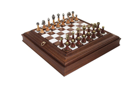 Handmade Chess Set Metal & Wood Pieces, Marble-Top Board w/ Storage, Italfama