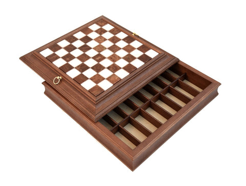 Handmade Chess Set Metal & Wood Pieces, Marble-Top Board w/ Storage, Italfama