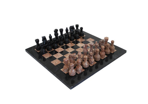 Italfama Marble Chess Set Black & Pink, Handmade, 40 cm Board, Leather Case