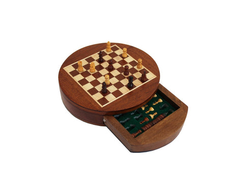 Italfama Magnetic Wooden Travel Chess Set, Round Board & Drawer, 16cm + Checkers
