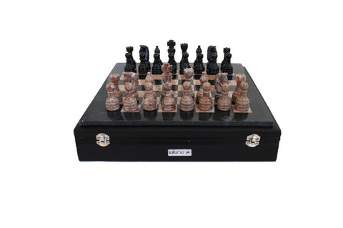Italfama Marble Chess Set Black & Pink, Handmade, 40 cm Board, Leather Case