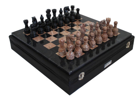 Italfama Marble Chess Set Black & Pink, Handmade, 40 cm Board, Leather Case