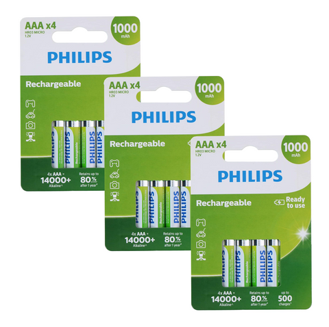 12 Philips Rechargeable Aaa Batteries Nimh Hr03 1000 Mah Battery 4Bl 1.2V NEW