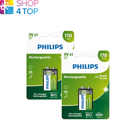 2 Philips Rechargeable 9V Battery 6Hr61 8.4V Nimh Batteries 1Bl 170Mah NEW