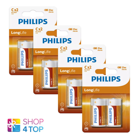 8 Philips Longlife C Batteries R14 Baby Zinc Chloride 1.5V 2Bl NEW