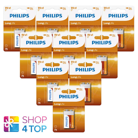 10 Philips Longlife 9V Battery 6F22 Zinc Chloride Batteries 1604D 1Bl 2024 11