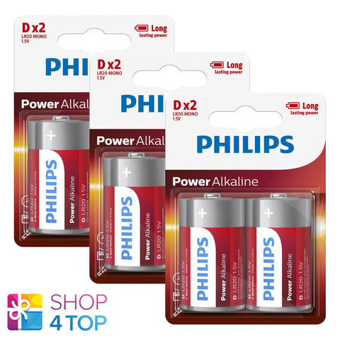 6 Philips Power Alkaline D Lr20 Batteries 1.5V Mono Mn1300 2Bl Exp 2030 NEW