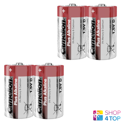 4 Camelion D Plus Alkaline Batteries Lr20 Mn1300 Am1 E95 1.5V 2Sh NEW