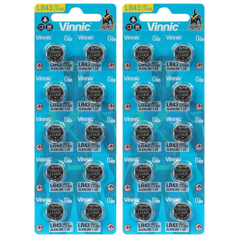 20 Vinnic Alkaline Batteries Lr1142 L1142F Lr43 Ag12 10Bl No Mercury
