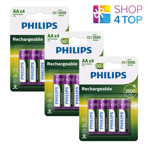 12 Philips Rechargeable Aa Batteries Nimh Hr6 2600 Mah Battery 4Bl 1.2V NEW
