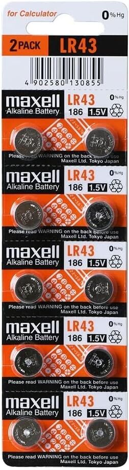10 Maxell Alkaline Lr43 186 Batteries 1.5V Coin Cell Button G12